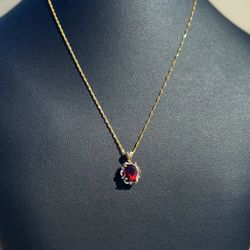 Jewelry 14k solid yellow gold necklace chain with 2CT oval Ruby and 0.18CTW Diamond stones charm pendant 16.75"  2.9 grams