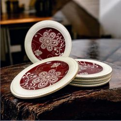 Pier 1 Imports Maribeth 11″ Dinner Plates Set of 6 Burgundy Floral Discontinued