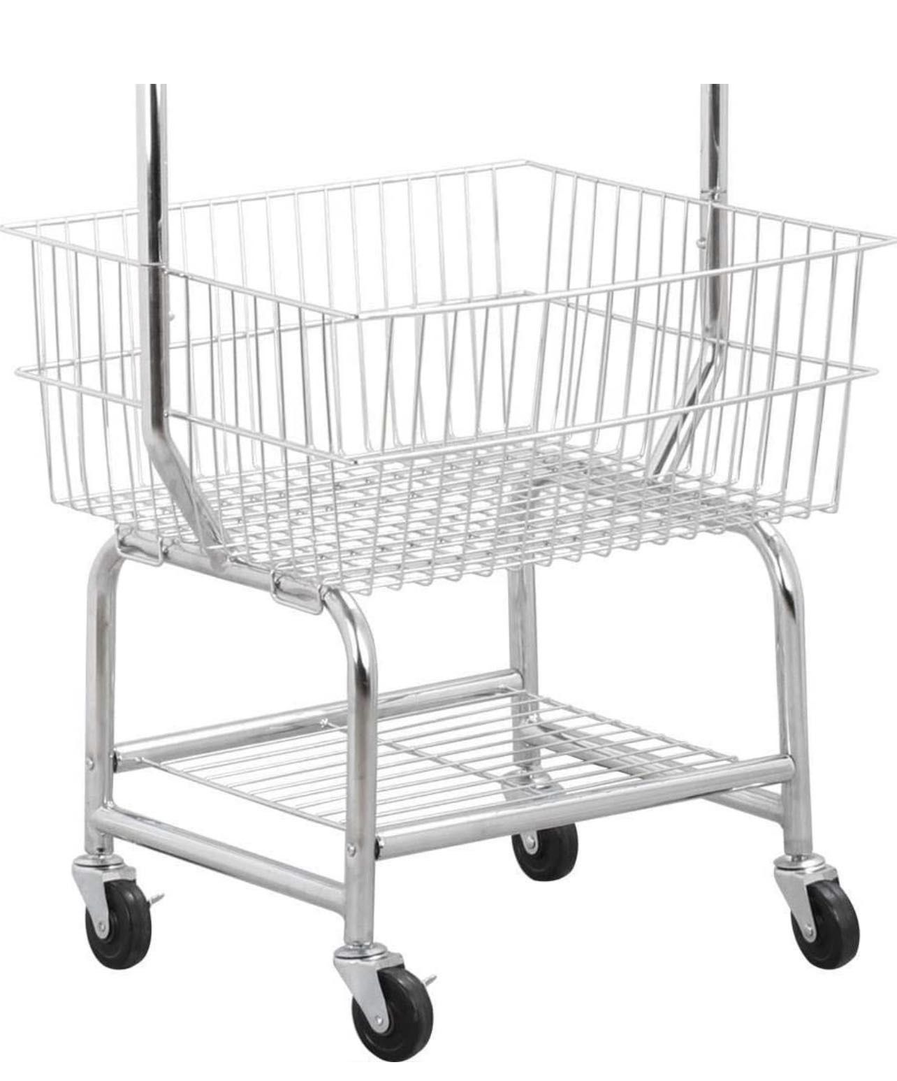 Rolling Laundry Bakset with Wheels, Laundry Cart with Hanging Rack, Metal Laundry Hamper Basket Butler Cart with Wheels and Wire Storage Rack, Silver 