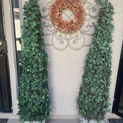 Two (2) matching topiary artificial Ivy plant with silver painted wood box planter. 