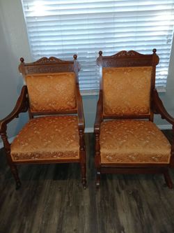 Antique platform rocking and arm chair orange tapestry