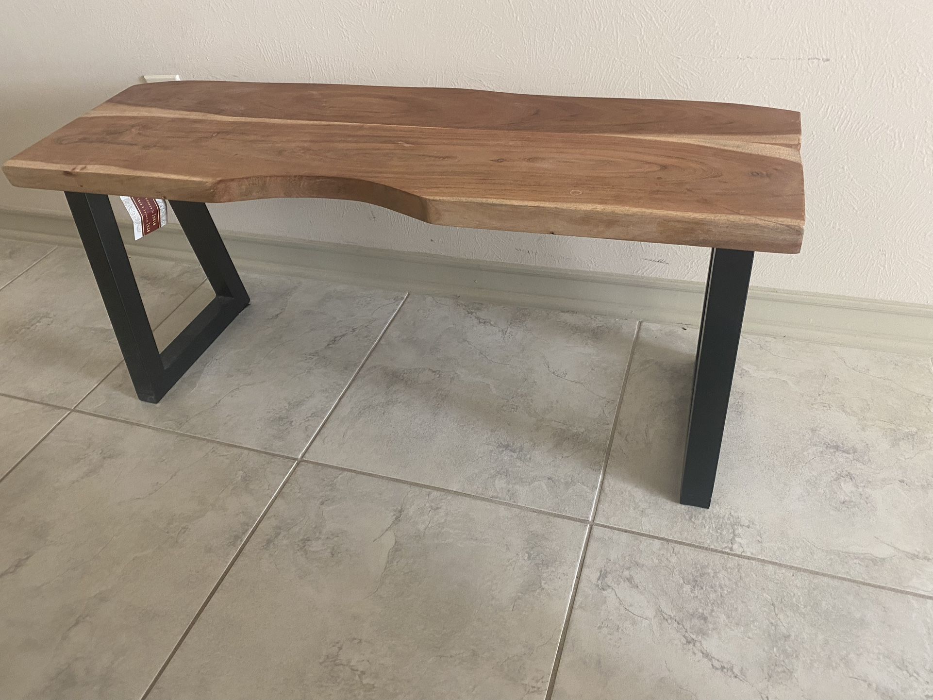Stylish wooden bench with sturdy black metal legs Wooden Bench with Metal Legs Almost like new $175 Pick up in Missouri city 77459