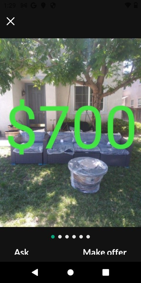 Conversational Patio Furniture Set Outdoor Patio Furniture Around Propane Fire Pit Fire Pit Table Propane All Brand New Brown Frame Navy Blue Cushions