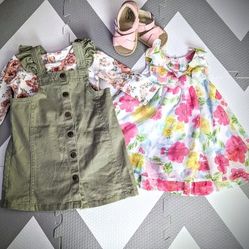 Sets for Baby 12 months girl, dress, sandals,  Denim Jumper & Floral sweater, prints/ Outfits para Bebé 12 meses niña