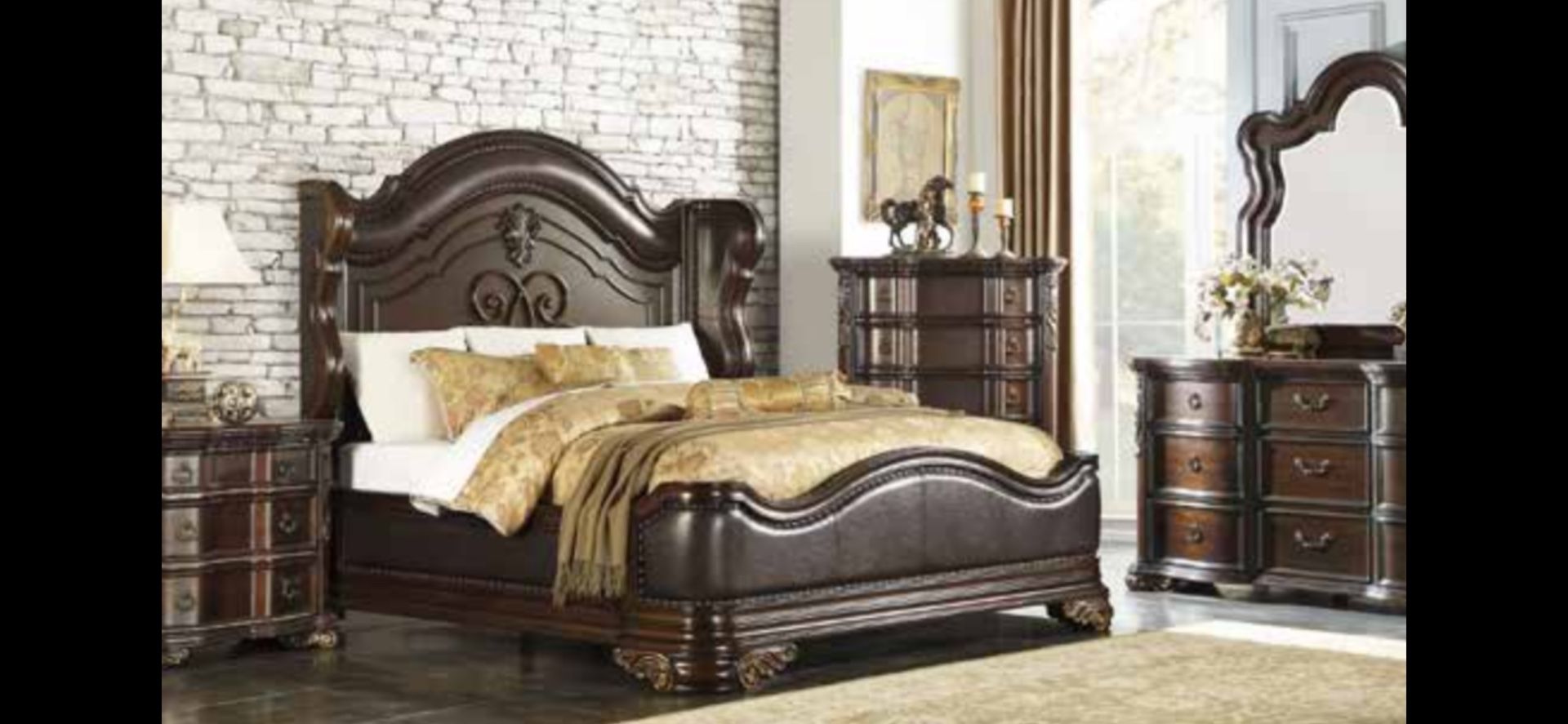 Queen size headboard, footboard and rails dresser and mirror $3200 brand new king size add $100