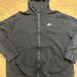 Nike Hoodie Mens Large Full Zip Black Hooded Sweatshirt Club Fleece Y2K Jacket