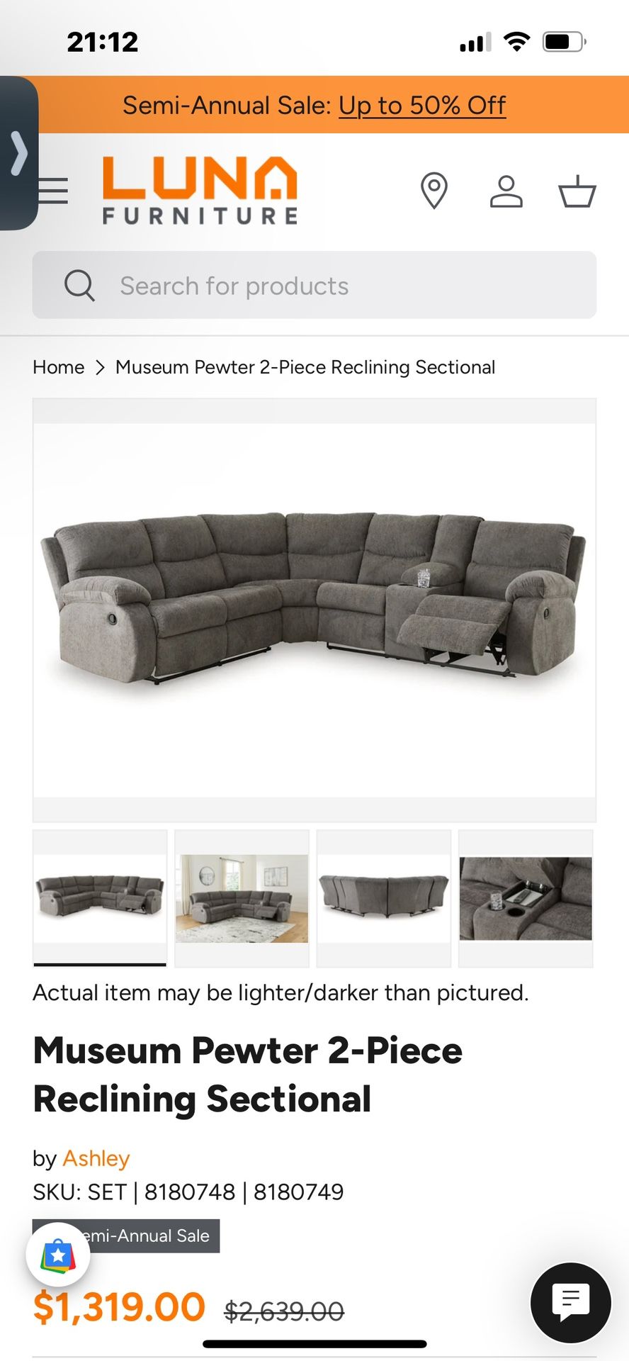 Pewter Reclining Sectional Sofa Couch-Like new