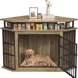 51" Corner Dog Crate Furniture, Wooden Dog Kennel Furniture with 2-Tier Shelves, Decorative Wood Dog House for Small/Medium/Large Dog, Space-Saving Do