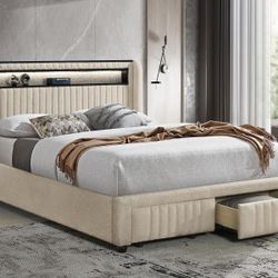 Madison Upholstered LED Storage Platform Bed Cream