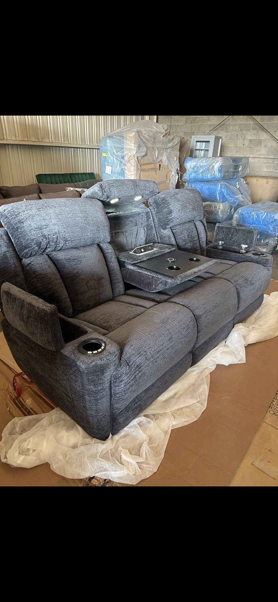 New Dark Gray Power Reclining Sofa with Drop Down Middle Console