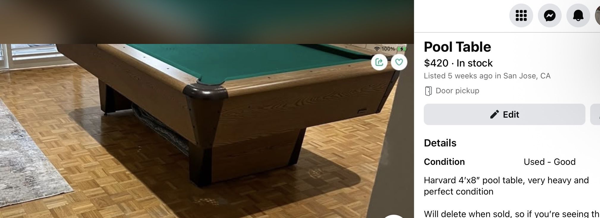 Pool Table 4’ X 8’ (only)