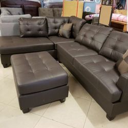 Brand New Brown Leather Sectional Sofa +Ottoman (New In Box) 