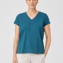 NWT $78 Eileen Fisher Blue Spruce Organic Cotton V-Neck Tee Top