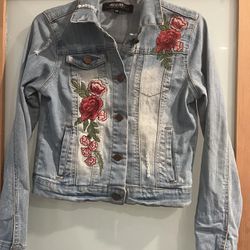 Jou Jou Distressed jean Denim jacket with Embroidered Roses kid Girls XL