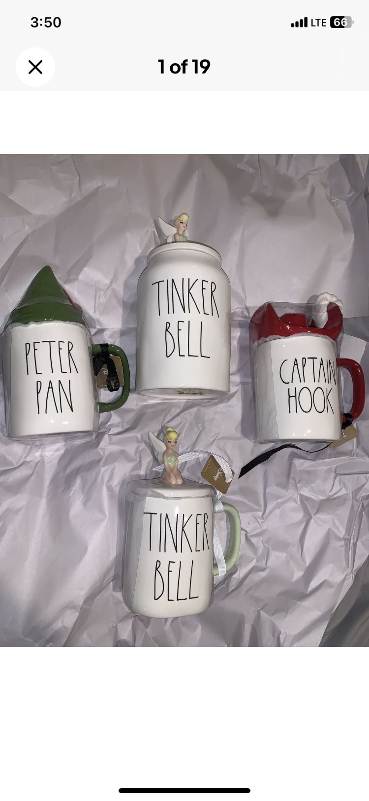 New Rae Dunn Disney’s Peter Pan, Tinkerbell and Captain Hook mugs and canister set.