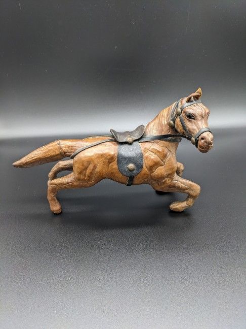 Vintage Toy Leather Wrapped Horse Figurine With Saddle & Bridle