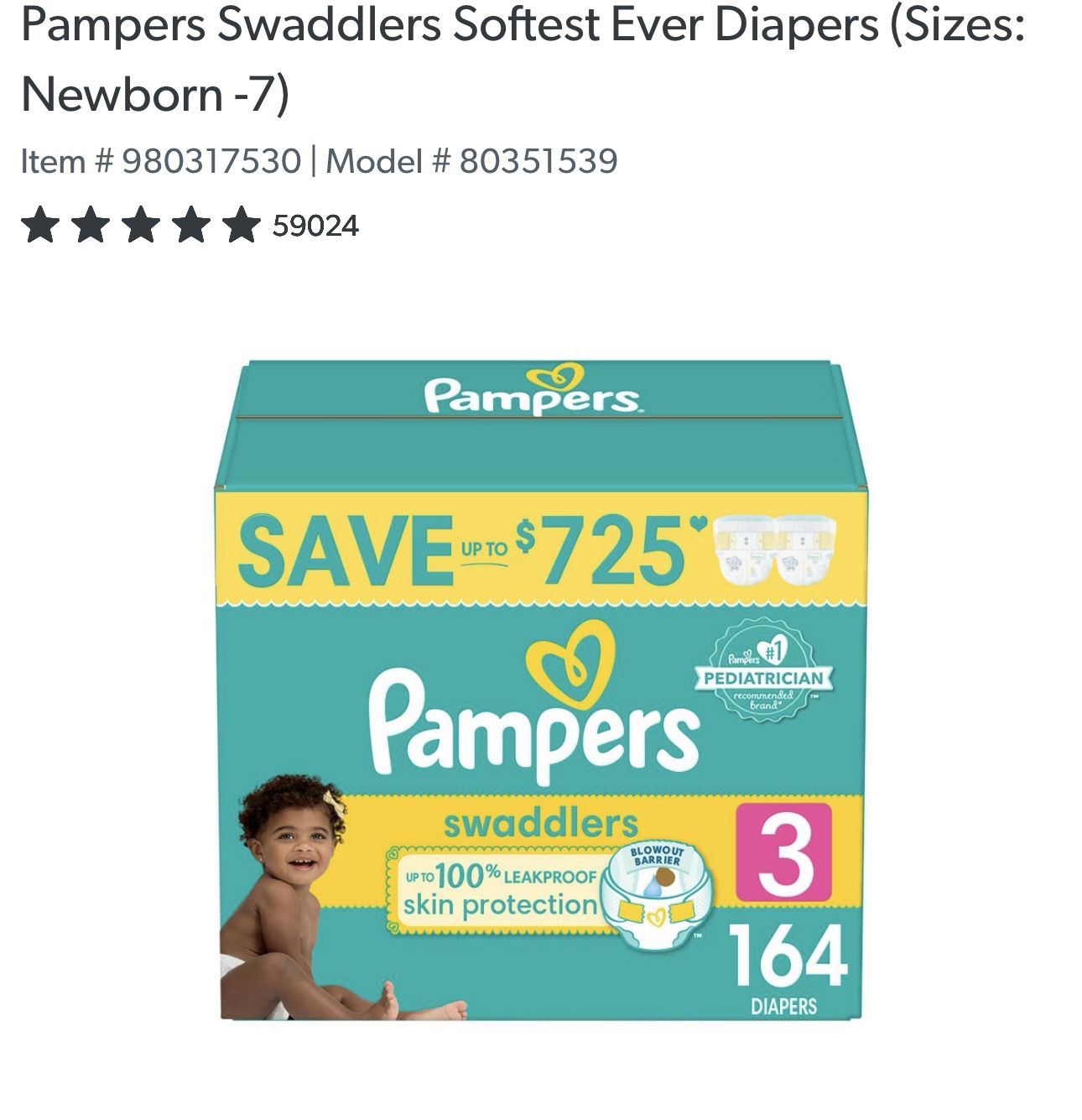 Pampers Swaddlers Softest Ever Diapers (Sizes: Newborn -7)