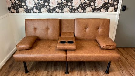 Brown Faux Leather Futon Sofa Brand New