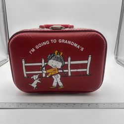 Vintage Going To Grandma’s Hardshell Suitcase, Clam Style Silver/Leather Type