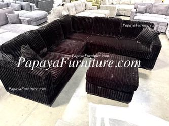 NEW Teddy Bear Fur like Modern Classic Black Fabric Corner Sectional Sofa and Ottoman Set Ashley style BIG COUCH SALE Discount Furniture Warehouse