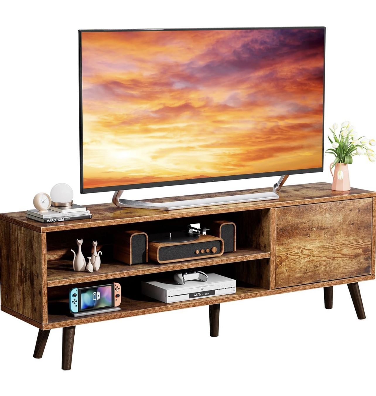 TV Stand with Storage for TVs up to 70 In, Rustic Brown TV Stand for Media, Mid Century Modern TV Stand & Entertainment Center with Shlef，Wood TV Cons