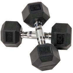 Rubber Encased Hex Dumbbells, 15 lbs Pair, Black, New 