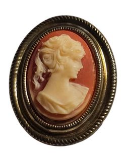 Vintage Cameo Brooch Pin 1" Womans Profile Gold Tone Oval Made In Hong Kong