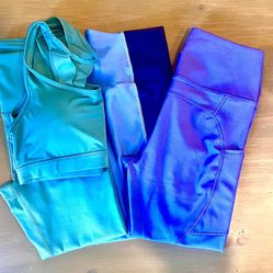 4pc Women’s Workout Set (ELLIE Turquoise L Bra Top & M Leggings) L YPB Leggings, M Purple Leggings