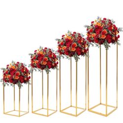 4 Pcs Gold Wedding Flower Stand, Metal Column Flower Stand , 40-100cm Tall Geometric Centerpieces Vase for Table,Flower Rack Home Party Wedding Decora