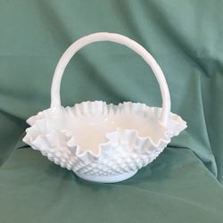 Vintage Fenton Milk Glass Hobnail Large Ruffled Basket
