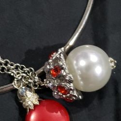 Rhinestone Pearl & Swarovski Crystal Red Pendant Silver Necklaces $10 for Both 