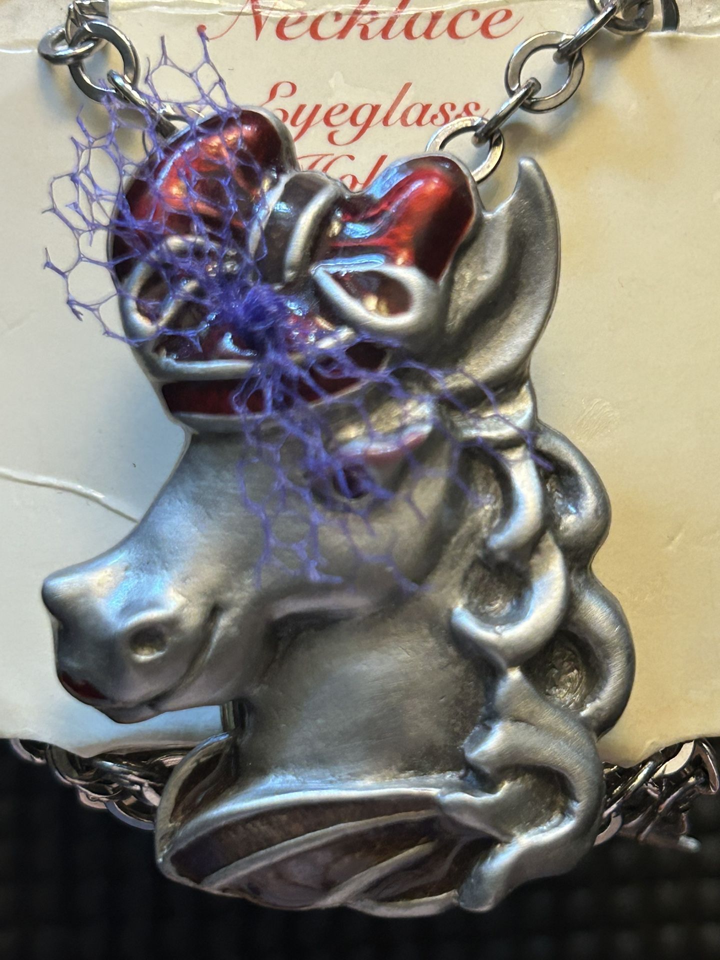 RHS Horse Pendant With Purple Lace Bow On Chain With Eyeglasses Drop Down Loop