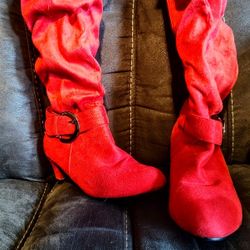 Women's Red Slouch Boots With Buckles