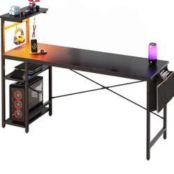 ❤️‍🔥 61-Inch Gaming Desk with LED Lights, Reversible Shelves, Height-Adjustable Shelf, Steel Frame, CARB P2-Class Board, Black 3D Carbon Fiber $ 80