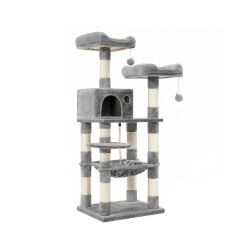 Feandrea Cat Tree, 56.3-Inch Cat Tower, Multi-Level Plush Condo with 11 Scratching Posts, 2 Perches, Hammock, Cave, Light Gray UPCT15W