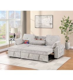 Light grey adjustable sofa bed with storage cup holders usb ports to charge brand new in box firm price $540