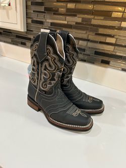 El carril Black Leather Square Toe Men Boots Size 8 / 26