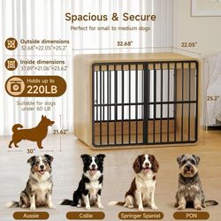 32" Dog Crate Furniture End Table for Medium Dogs, Natural Oak Rounded corners and metal bars create a cozy retreat for Beagles and Cocker Spaniels wh