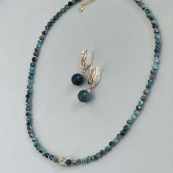 Natural African Turquoise Necklace Set with Real 18K Gold Plated Earrings - Blue & Green & Gold - Handmade Necklace