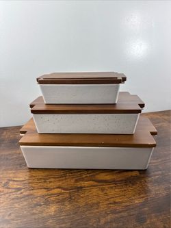 Asta 3-Piece Speckled Ceramic Baking Dish Set with Wooden Lids