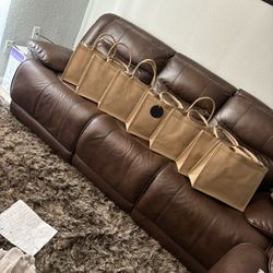 Brown Leather Couch Set, Rug, Side Tables, And Tall Lamps
