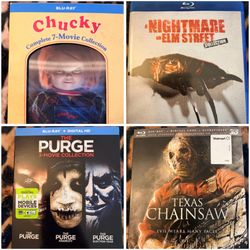 THE HORROR BLU RAY COLLECTION,! ALL CHUCKY, NIGHTMARE ON ELM STREET, PURGE, TEXAS CHAINSAW MASSACRE