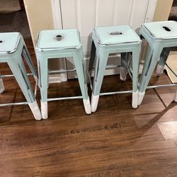 Metal Bar Stools - Distress Teal - Modern 