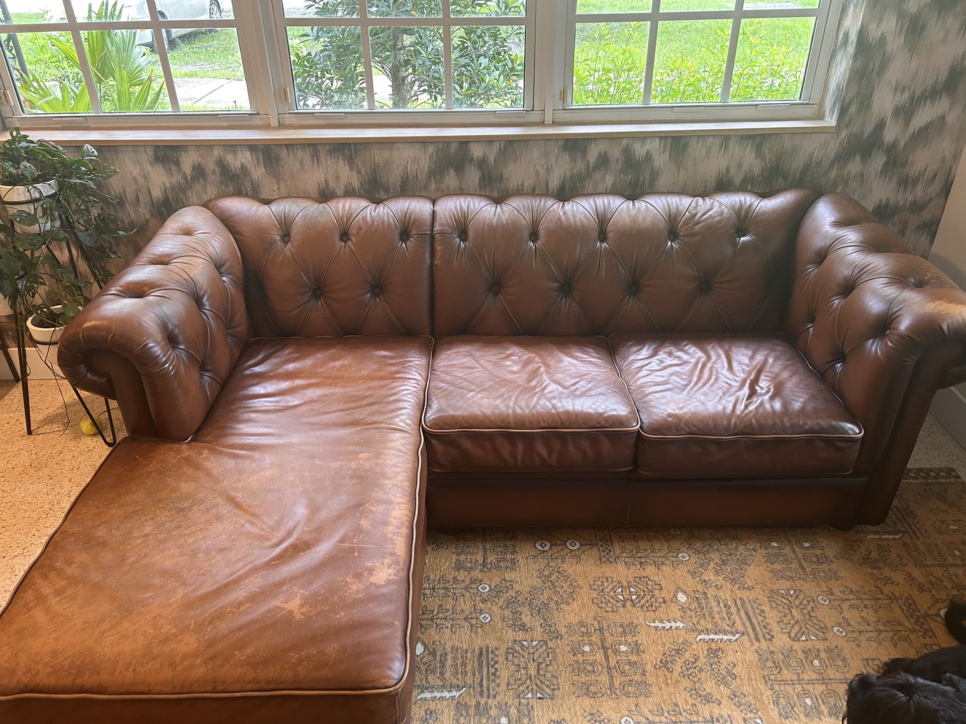 Pottery Barn Chesterfield Leather Sectional + Chaise — Burnished Saddle —