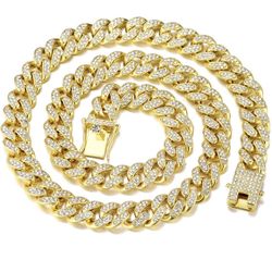 Mens Cuban Link Chain Miami Cuban Necklace 18K Platinum Plated Gold + Full Diamond Cut Chain for Men(W13mm L22inches) Iced Out Hip Hop Jewelry