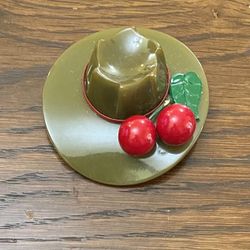Vintage Bakelite Green Hat Brooch With Red Cherries 