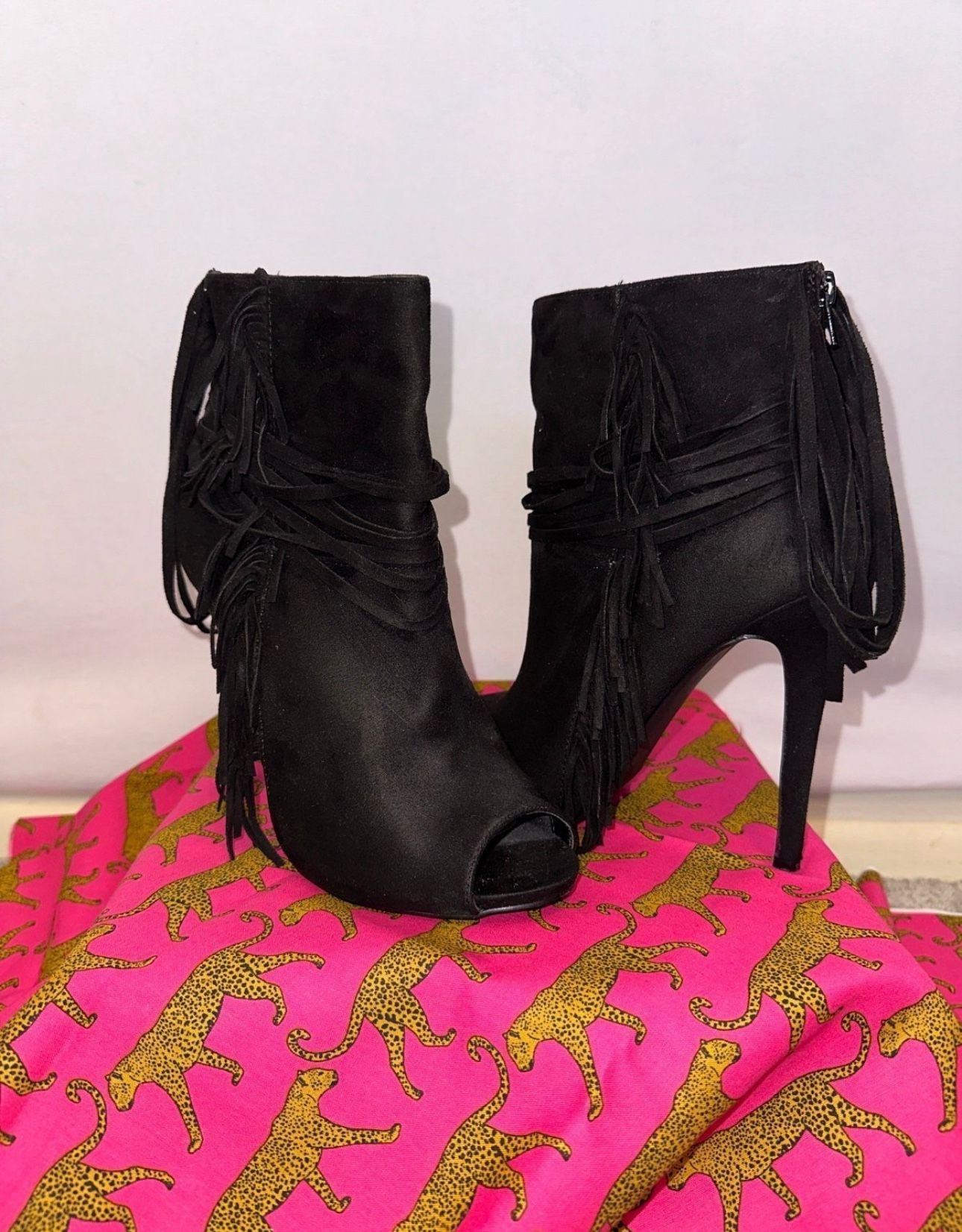 Black Fringe Peep Toe Stiletto Booties Heels Shoes