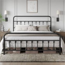 Iron Platform Bed Frame with High Headboard and Footboard, Black(King)