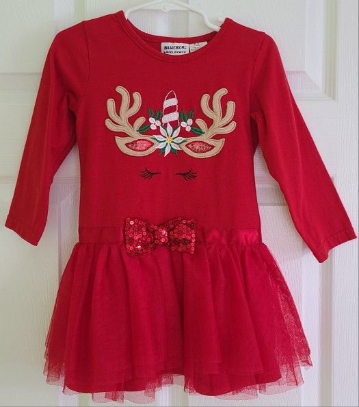 3T Girls, Blueberi Boulevard, Reindeer Unicorn Red Dress with Soft Tulled Skirt & Sequined Bow