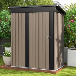 5x3 FT Outdoor Storage Shed, Tool Shed with Sloping Roof and Lockable Door, Metal Shed for Backyard Garden Patio Lawn, Brown